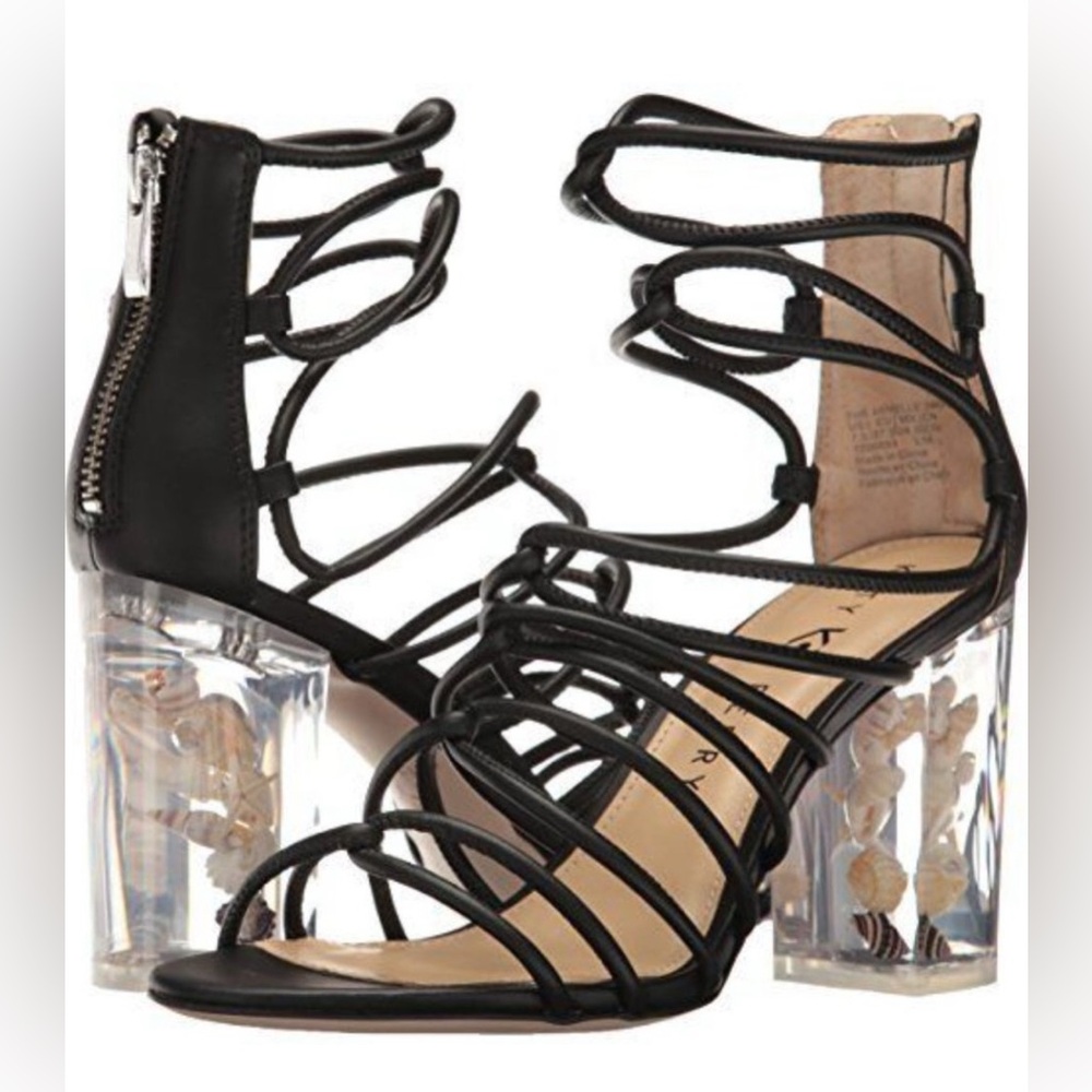 🥳✨ Katy Perry Unique Black Gladiator Clear Beach Seashell Block Heels Size 9